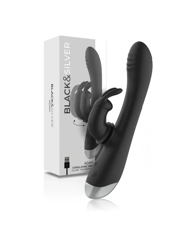 Black&Silver - Dj. Stimolatore Coniglio In Silicone Ricaricabile Adam Nero - BLACK&SILVER - Vibratori Rabbit | erosidea.com