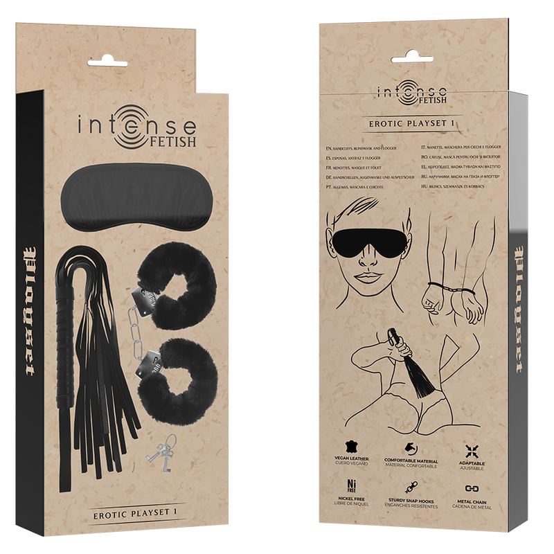 Intense Fetish - Playset Erotico 1 Con Manette Maschera Cieca E Flogger - - Manette e Polsini | erosidea.com