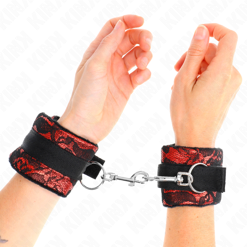 Kink - Polso Corto In Pizzo Di Velluto E Fascia In Nylon Rosso / Nero 23 X 65 Cm - KINK WRIST RESTRAINT - Manette e Polsini | erosidea.com