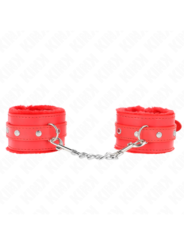 Kink - Poggipolsi Premium Imbottiti In Pelliccia Rossi Con Cintura Rossa Regolabile 17-29 Cm X 6 Cm - KINK WRIST RESTRAINT - Manette e Polsini | erosidea.com