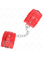 Kink - Poggipolsi Premium Imbottiti In Pelliccia Rossi Con Cintura Rossa Regolabile 17-29 Cm X 6 Cm - KINK WRIST RESTRAINT - Manette e Polsini | erosidea.com