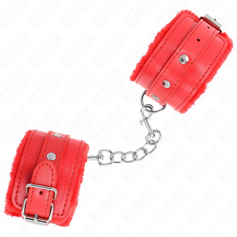Kink - Poggipolsi Premium Imbottiti In Pelliccia Rossi Con Cintura Rossa Regolabile 17-29 Cm X 6 Cm - KINK WRIST RESTRAINT - Manette e Polsini | erosidea.com