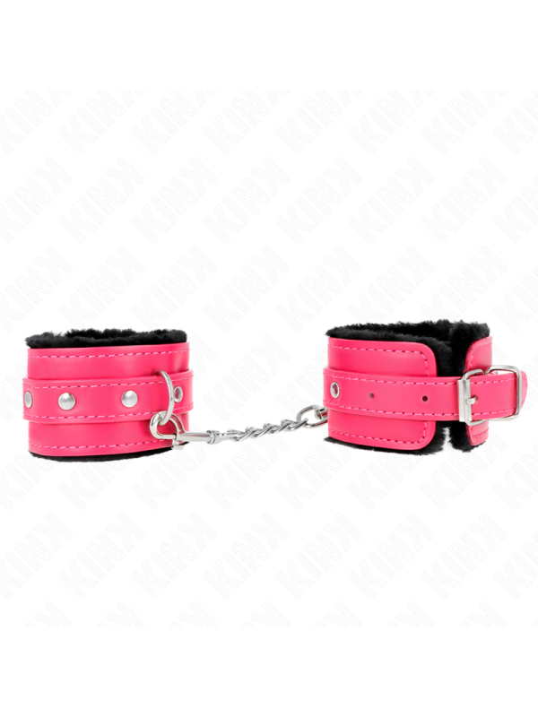 Kink - Poggipolsi Premium Foderati In Pelliccia Neri Con Cintura Rosa Lampone Regolabile 17-29 Cm X 6 Cm - KINK WRIST RESTRAINT - Manette e Polsini | erosidea.com