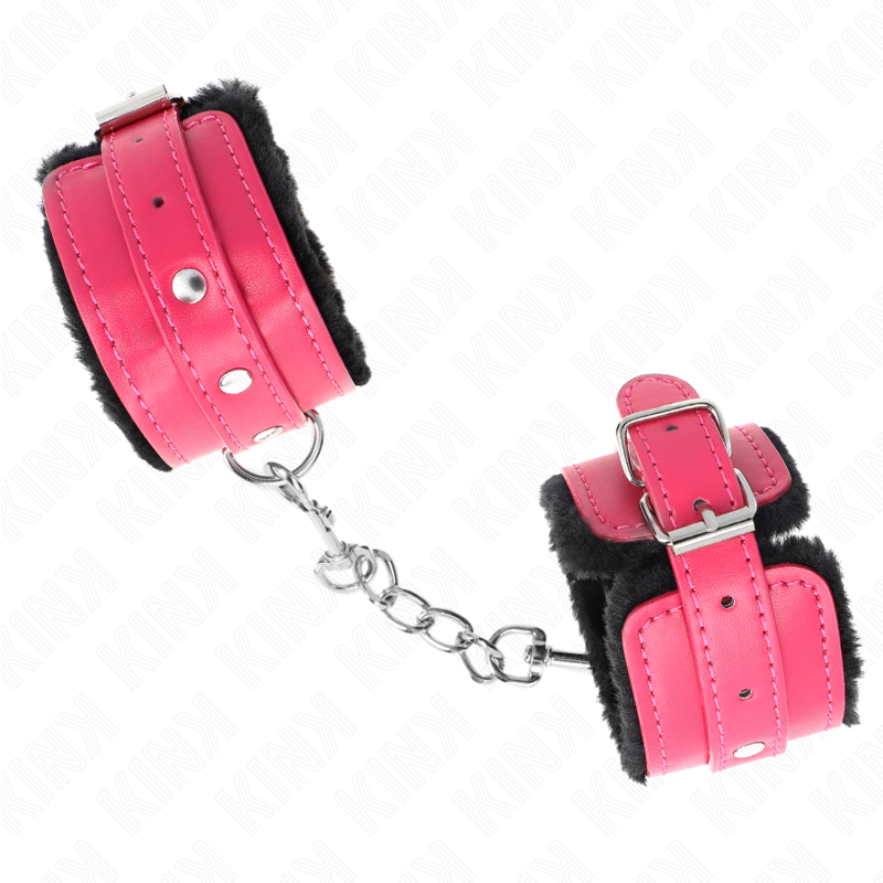 Kink - Poggipolsi Premium Foderati In Pelliccia Neri Con Cintura Rosa Lampone Regolabile 17-29 Cm X 6 Cm - KINK WRIST RESTRAINT - Manette e Polsini | erosidea.com