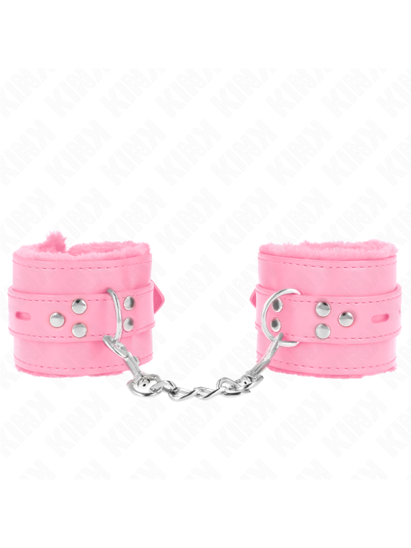 Kink - Polsini Imbottiti In Pelliccia Con Fori Quadri Rosa E Cintura Rosa Regolabile 17-29 Cm X 6 Cm - KINK WRIST RESTRAINT - Manette e Polsini | erosidea.com