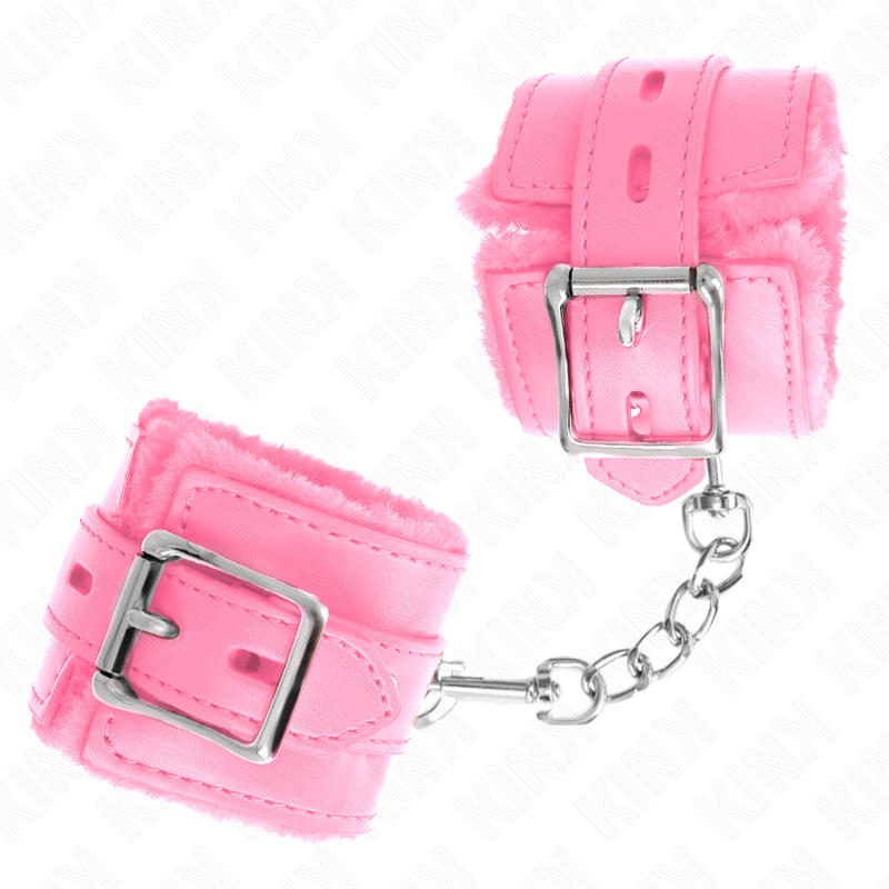 Kink - Polsini Imbottiti In Pelliccia Con Fori Quadri Rosa E Cintura Rosa Regolabile 17-29 Cm X 6 Cm - KINK WRIST RESTRAINT - Manette e Polsini | erosidea.com