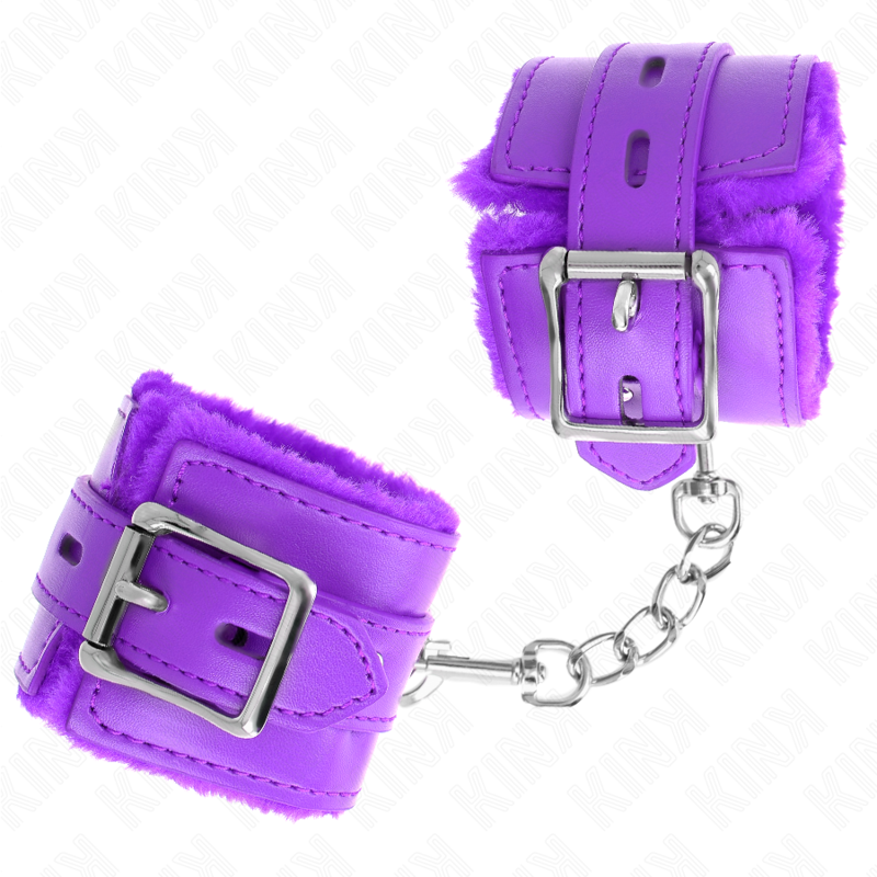 Kink - Polsini Imbottiti In Pelliccia Con Fori Quadri Viola E Cintura Viola Regolabile 17-29 Cm X 6 Cm - KINK WRIST RESTRAINT - Manette e Polsini | erosidea.com