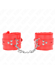 Kink - Polsini Imbottiti In Pelliccia Con Fori Quadri Rosso E Cintura Rossa Regolabile 17-29 Cm X 6 Cm - KINK WRIST RESTRAINT - Manette e Polsini | erosidea.com