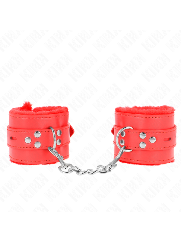 Kink - Polsini Imbottiti In Pelliccia Con Fori Quadri Rosso E Cintura Rossa Regolabile 17-29 Cm X 6 Cm - KINK WRIST RESTRAINT - Manette e Polsini | erosidea.com