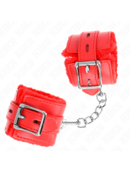 Kink - Polsini Imbottiti In Pelliccia Con Fori Quadri Rosso E Cintura Rossa Regolabile 17-29 Cm X 6 Cm - KINK WRIST RESTRAINT - Manette e Polsini | erosidea.com