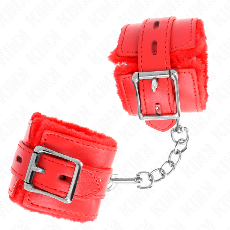 Kink - Polsini Imbottiti In Pelliccia Con Fori Quadri Rosso E Cintura Rossa Regolabile 17-29 Cm X 6 Cm - KINK WRIST RESTRAINT - Manette e Polsini | erosidea.com