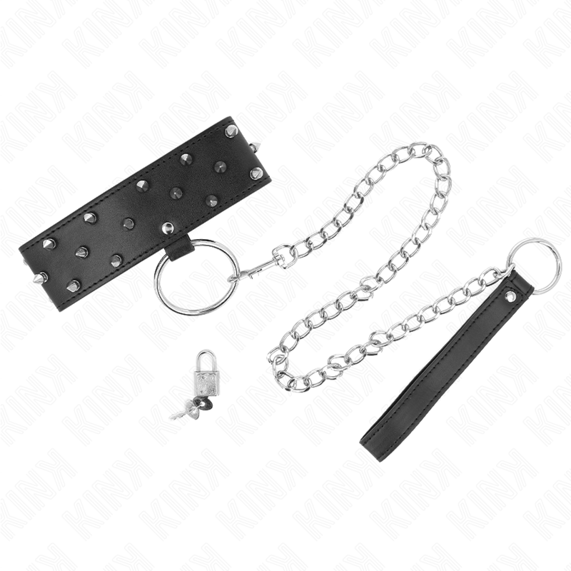 Kink - Collana Con Guinzaglio 65 Cm Con Borchie In Argento Modello 5 Regolabile 36-43 Cm X 5 Cm - KINK COLLAR & GAG - Collari e Guinzagli | erosidea.com