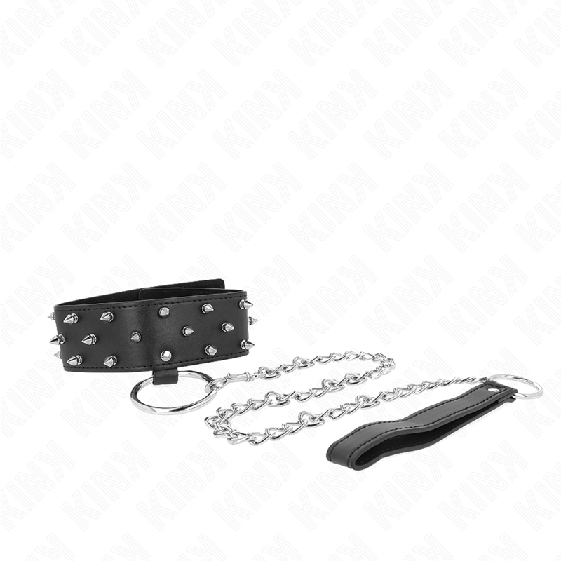 Kink - Collana Con Guinzaglio 65 Cm Con Borchie In Argento Modello 5 Regolabile 36-43 Cm X 5 Cm - KINK COLLAR & GAG - Collari e Guinzagli | erosidea.com
