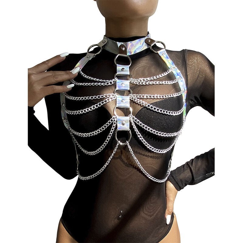Subblime - 953737 Imbracatura Pettorale Con Anelli E Catene Argento Taglia Unica - SUBBLIME FETISH - Kit Bondage e Sadomaso | erosidea.com