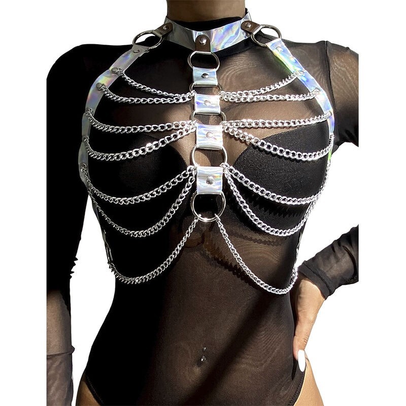Subblime - 953737 Imbracatura Pettorale Con Anelli E Catene Argento Taglia Unica - SUBBLIME FETISH - Kit Bondage e Sadomaso | erosidea.com